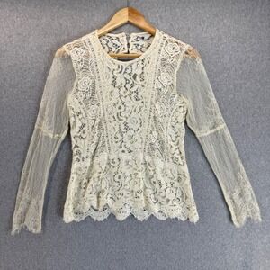 Lucky Brand Sheer Lace Top Long Sleeve Ivory‎ Floral Blouse Womens Size Medium